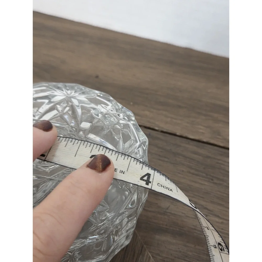 clear pressed glass starburst round trinket box with lid, 4 in, vintage